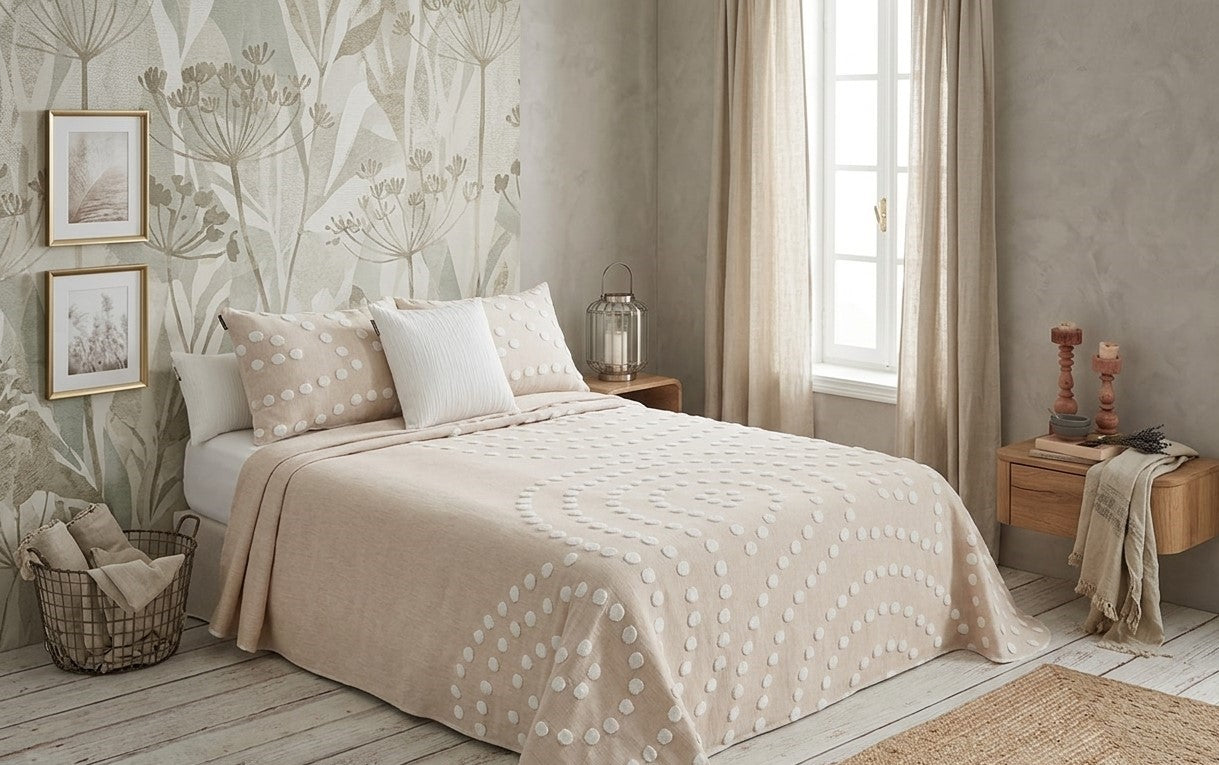 Beige Polka Reversible Bedspread